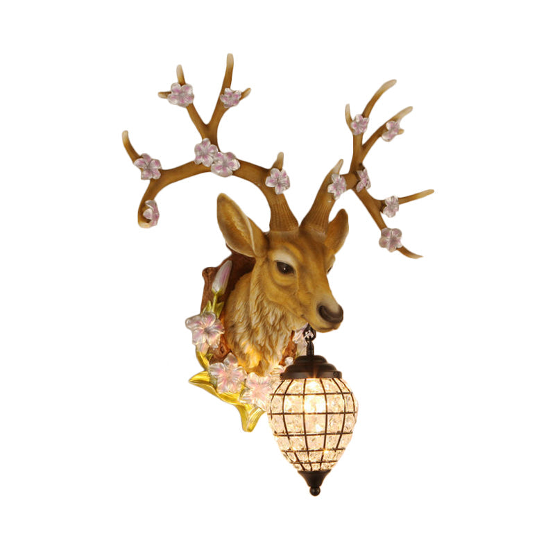 Country Style Deer Wall Sconce with Crystal Shade – White/Yellow/Brown Resin Light Fixture