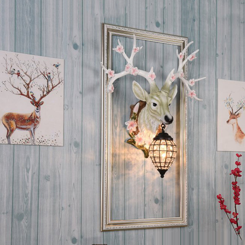 Country Style Deer Wall Sconce with Crystal Shade – White/Yellow/Brown Resin Light Fixture