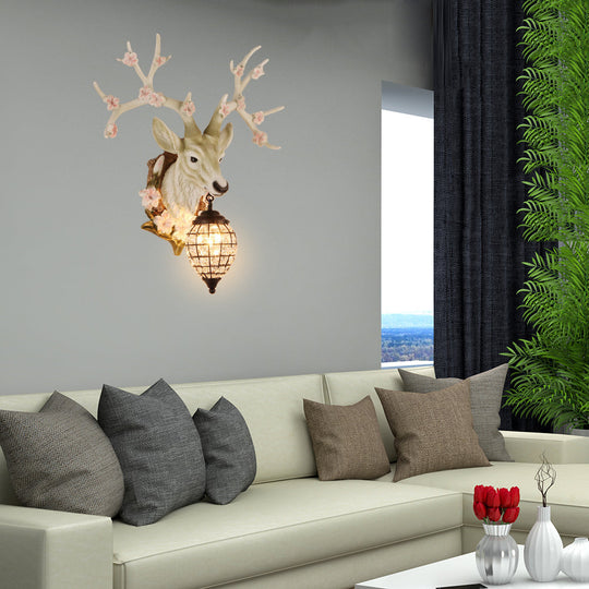 Country Style Deer Wall Sconce with Crystal Shade – White/Yellow/Brown Resin Light Fixture