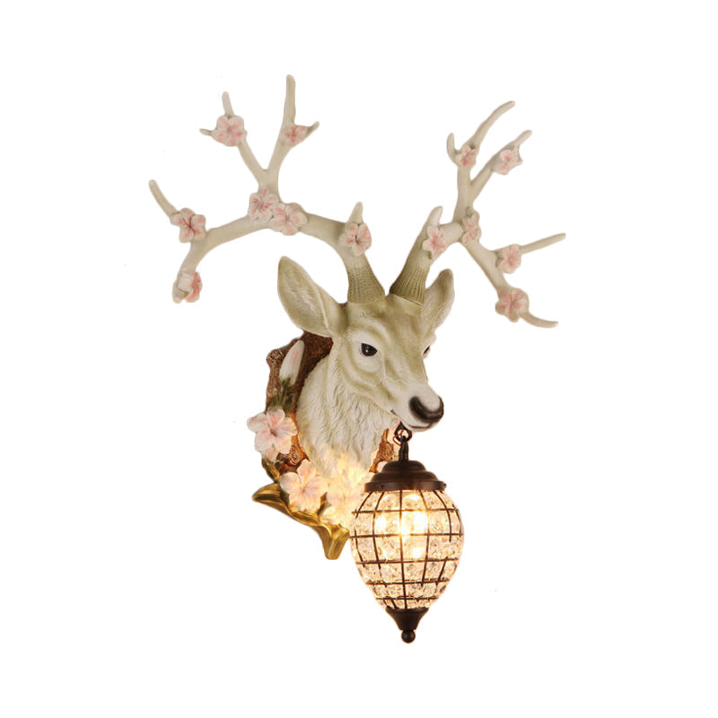 Country Style Deer Wall Sconce with Crystal Shade – White/Yellow/Brown Resin Light Fixture