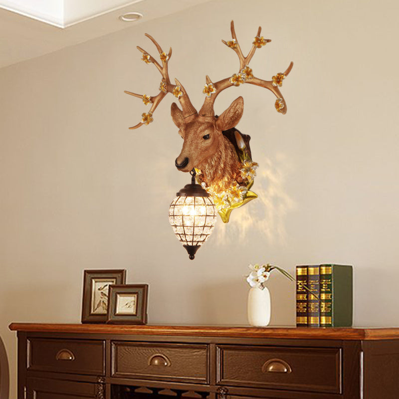Country Style Deer Wall Sconce with Crystal Shade – White/Yellow/Brown Resin Light Fixture