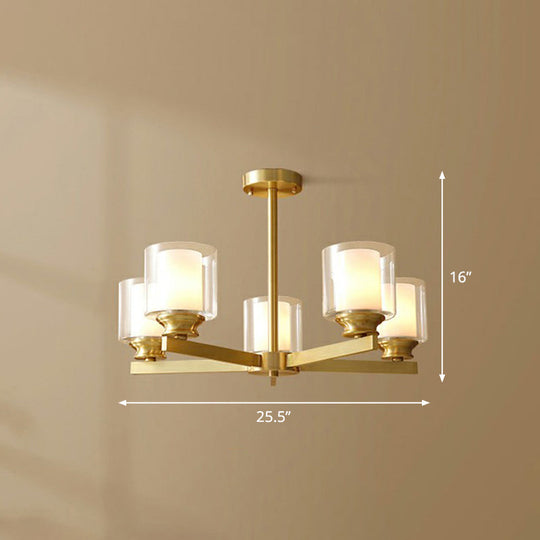 Sleek Brass Cylindrical Hanging Lamp with Clear and Frosted Glass – Minimalistic Dining Room Chandelier