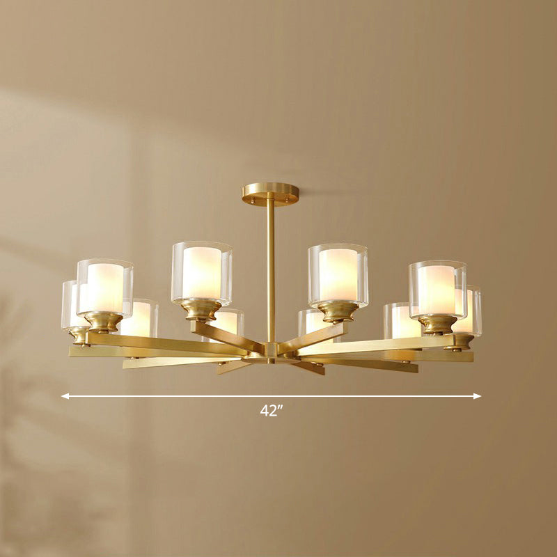 Sleek Brass Cylindrical Hanging Lamp with Clear and Frosted Glass – Minimalistic Dining Room Chandelier