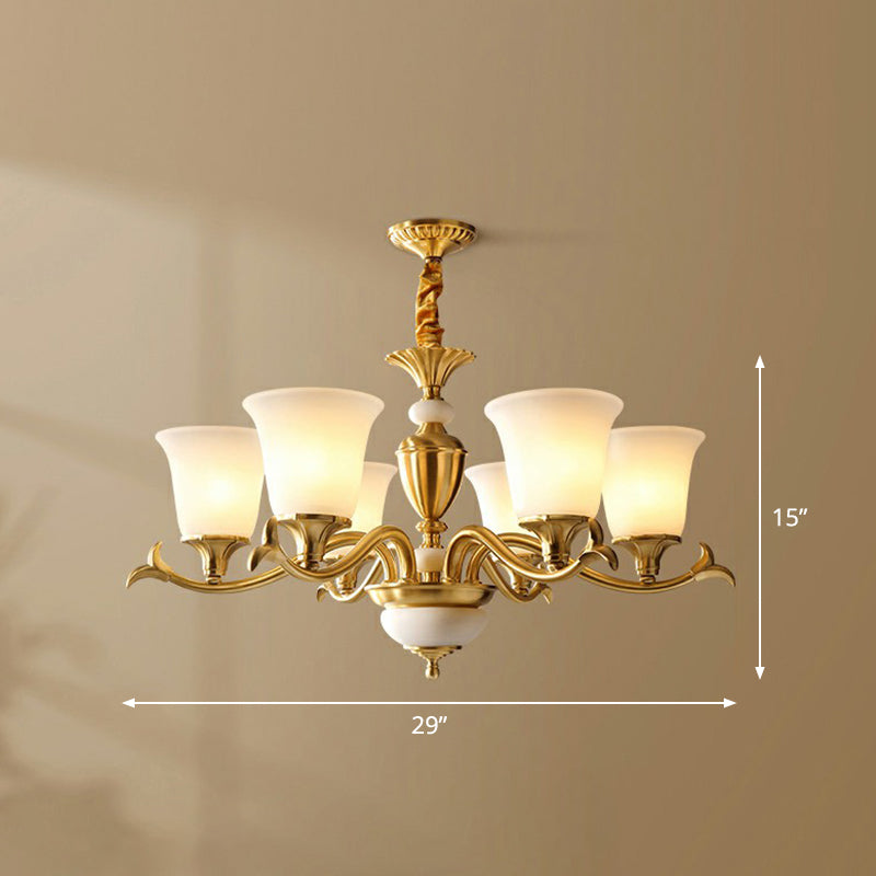 Traditional Style Cream Glass Chandelier: Flared Shaped Brass Suspension Light for Dining Room