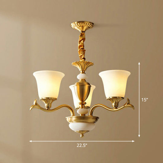 Traditional Style Cream Glass Chandelier: Flared Shaped Brass Suspension Light for Dining Room