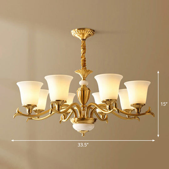 Traditional Style Cream Glass Chandelier: Flared Shaped Brass Suspension Light for Dining Room