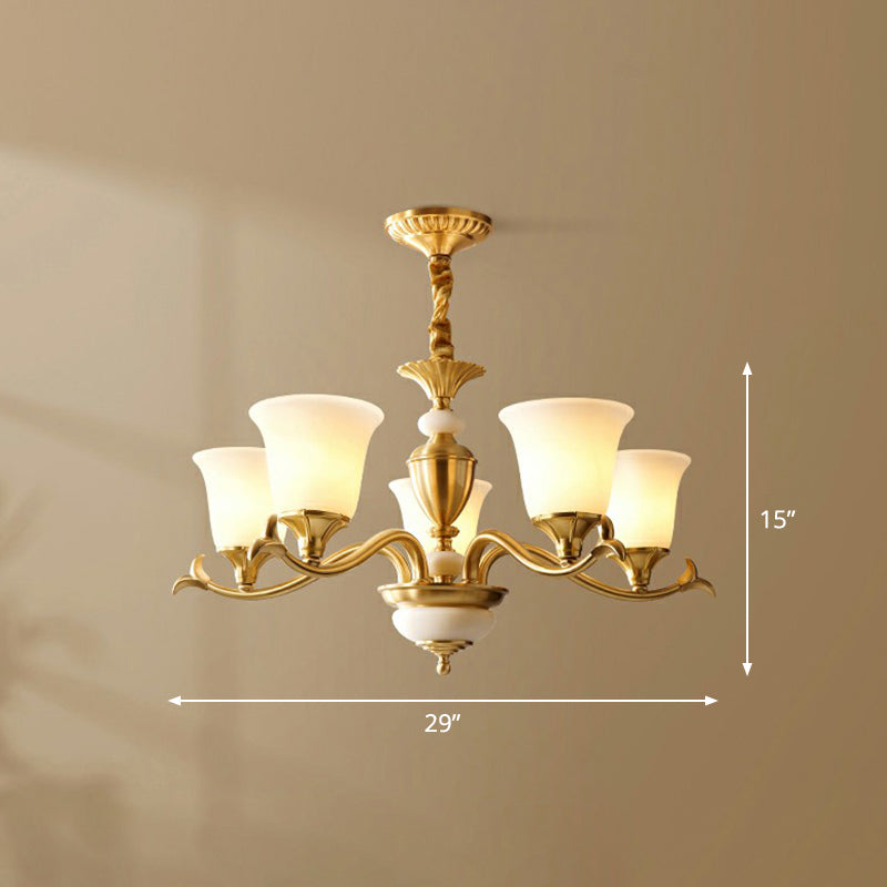 Traditional Style Cream Glass Chandelier: Flared Shaped Brass Suspension Light for Dining Room