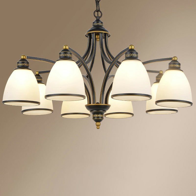 Traditional Dining Room Chandelier - Suspension Pendant Light with White Bell Glass Shade