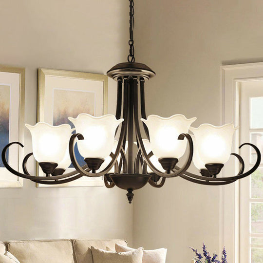 Retro Opal Frosted Glass Flower Chandelier in Black Finish: Elegant Hanging Light for Living Room
