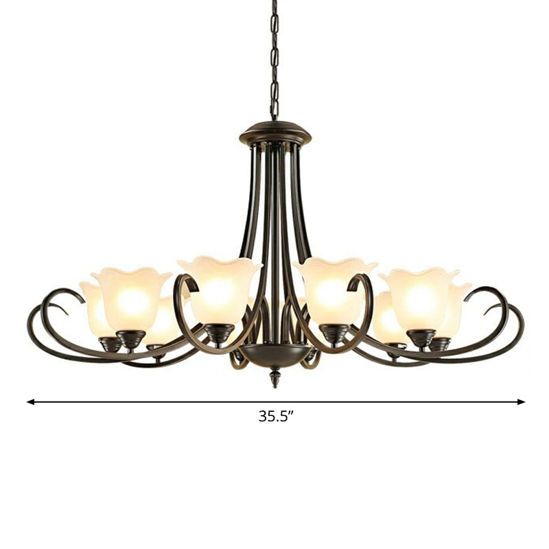 Retro Opal Frosted Glass Flower Chandelier in Black Finish: Elegant Hanging Light for Living Room