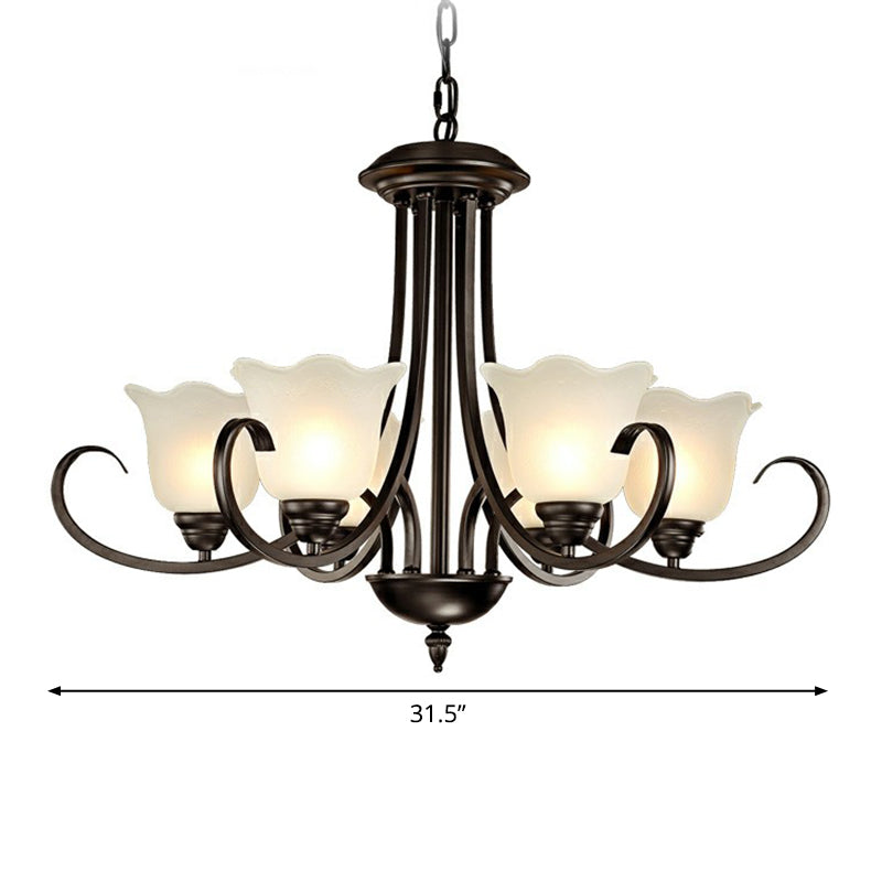 Retro Opal Frosted Glass Flower Chandelier in Black Finish: Elegant Hanging Light for Living Room