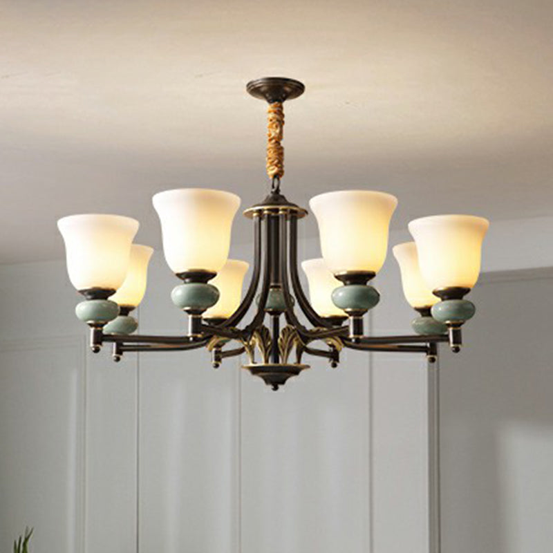 Vintage White Glass Chandelier - Elegant 6-Light Carillon Pendant Light with Ceramic Decor, Ideal for Living Rooms