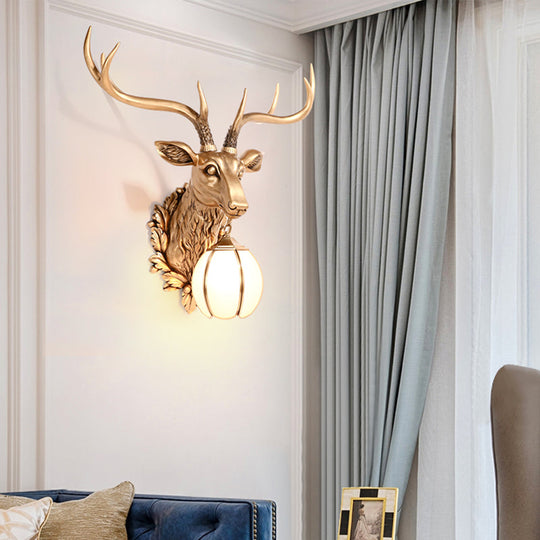 Gold Deer Head Sconce Light - Country Resin, 17"/25" - Indoor Wall Mount