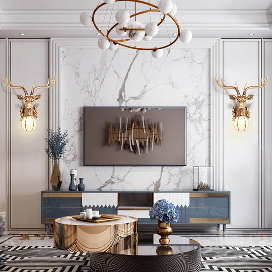 Gold Deer Head Sconce Light - Country Resin, 17"/25" - Indoor Wall Mount