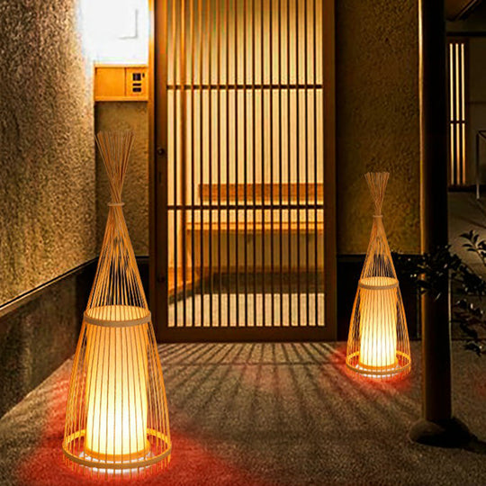 Bamboo Floor Lamp from South-East Asia with Tapered Design and Cylindrical Shade