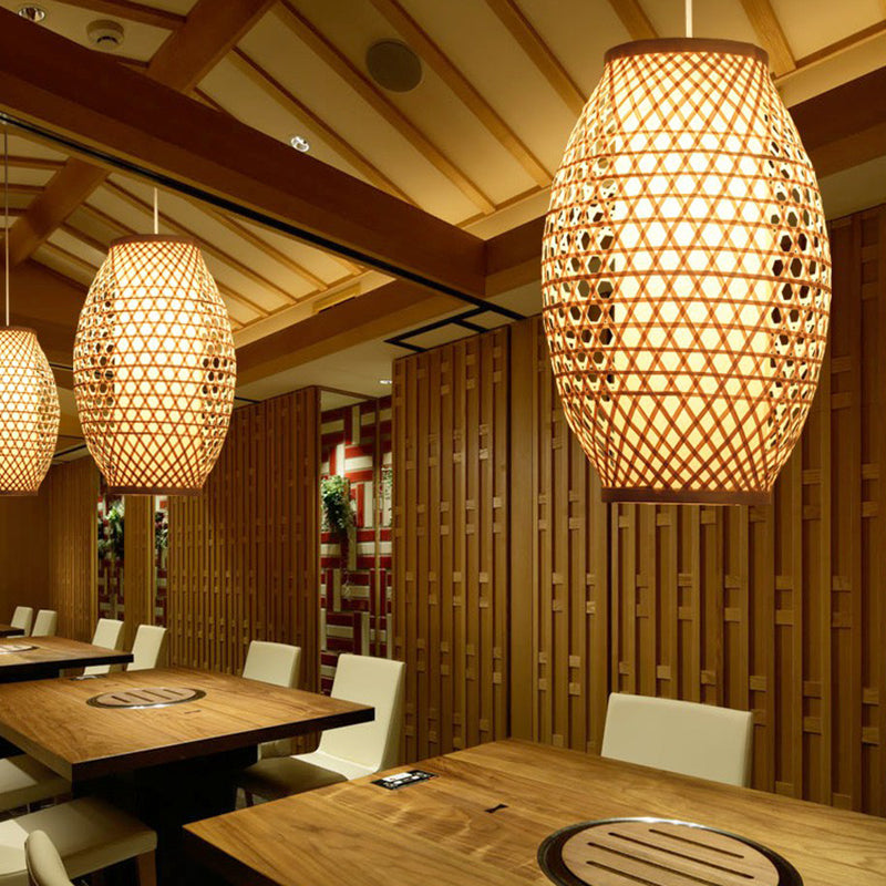 Bamboo Asian Hanging Lamp: Oval Restaurant Suspension Light in Beige