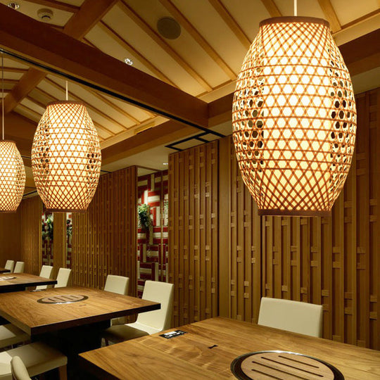 Bamboo Asian Hanging Lamp: Oval Restaurant Suspension Light in Beige