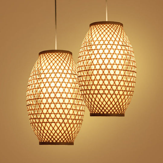 Bamboo Asian Hanging Lamp: Oval Restaurant Suspension Light in Beige
