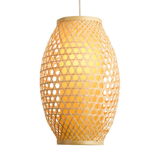 Bamboo Asian Hanging Lamp: Oval Restaurant Suspension Light in Beige