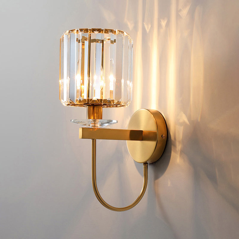 Postmodern Gold Cylindrical Crystal Wall Sconce with Curved Arm