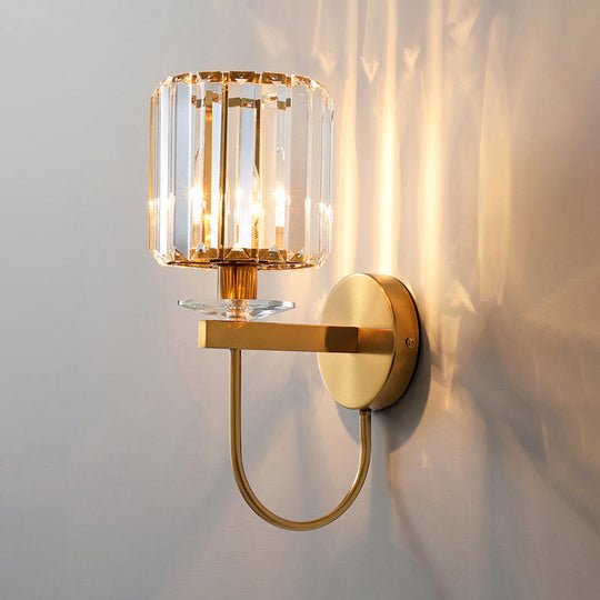 Postmodern Gold Cylindrical Crystal Wall Sconce with Curved Arm