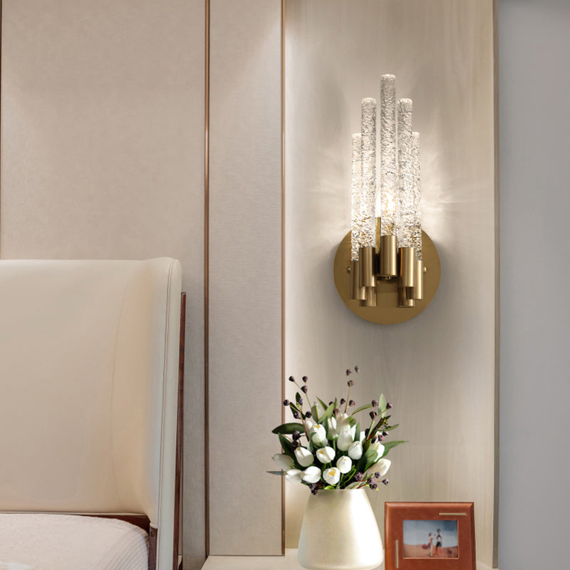 Clear Rippled Crystal 2-Head Tubular Sconce Wall Light in Brass - Simple Style for Bedroom Lighting