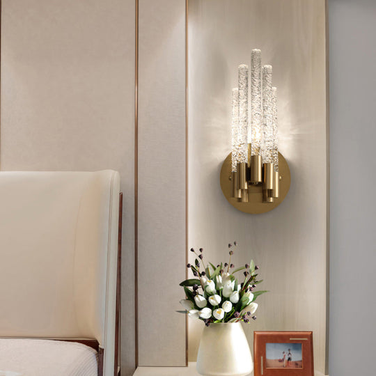 Clear Rippled Crystal 2-Head Tubular Sconce Wall Light in Brass - Simple Style for Bedroom Lighting