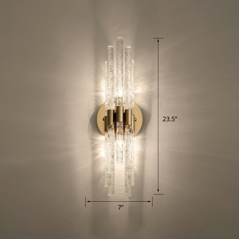 Clear Rippled Crystal 2-Head Tubular Sconce Wall Light in Brass - Simple Style for Bedroom Lighting