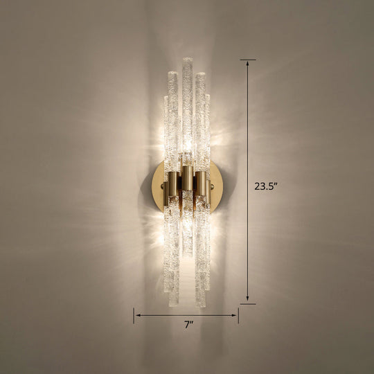 Clear Rippled Crystal 2-Head Tubular Sconce Wall Light in Brass - Simple Style for Bedroom Lighting