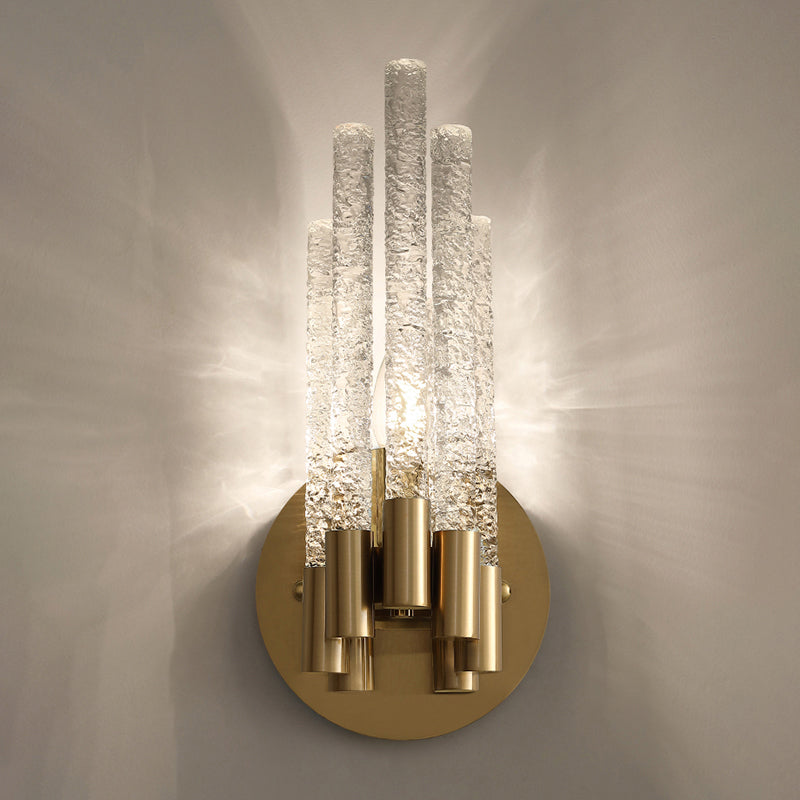 Clear Rippled Crystal 2-Head Tubular Sconce Wall Light in Brass - Simple Style for Bedroom Lighting