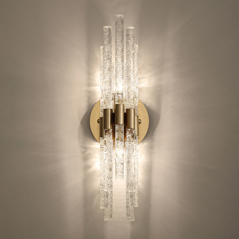 Clear Rippled Crystal 2-Head Tubular Sconce Wall Light in Brass - Simple Style for Bedroom Lighting