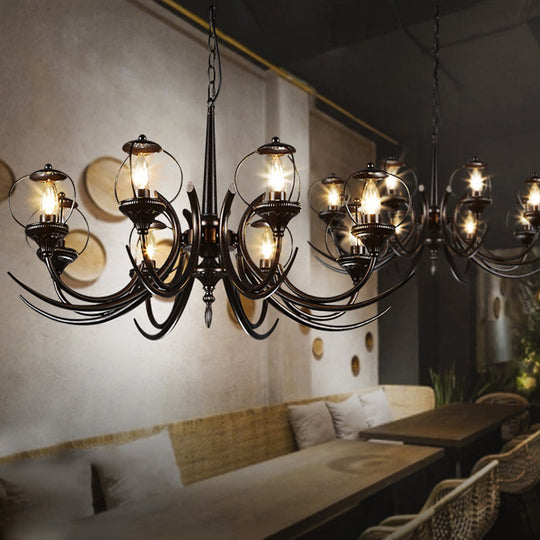Metal Black Hanging Chandelier - Curved Arm, 6 Bulbs - Traditional Pendant Light for Restaurants