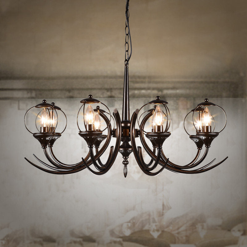 Metal Black Hanging Chandelier - Curved Arm, 6 Bulbs - Traditional Pendant Light for Restaurants