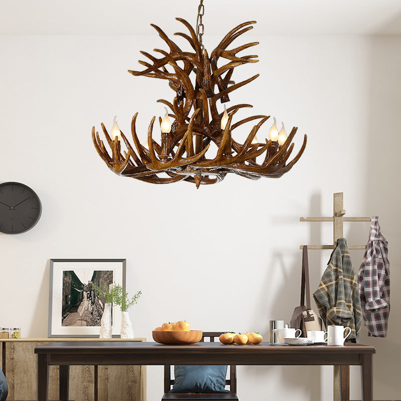 9 Lights Resin Chandelier Lamp Countryside Brown Antler Shape Living Room Down Lighting Pendant