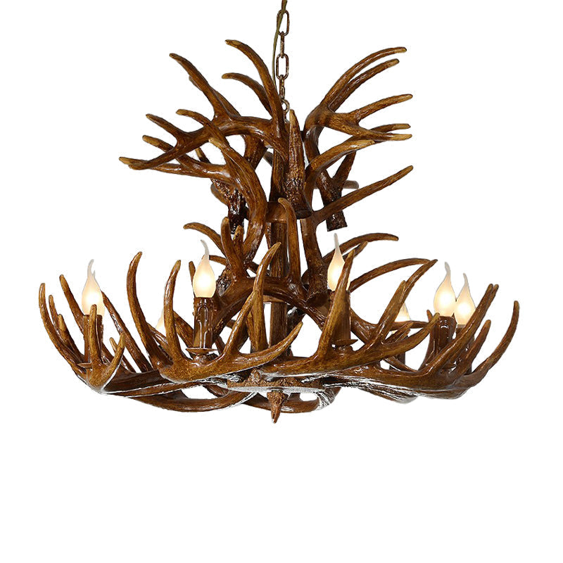 Rustic 9-Light Resin Antler Chandelier – Countryside Brown Pendant