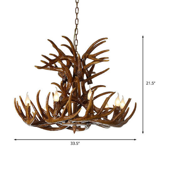 Rustic 9-Light Resin Antler Chandelier – Countryside Brown Pendant