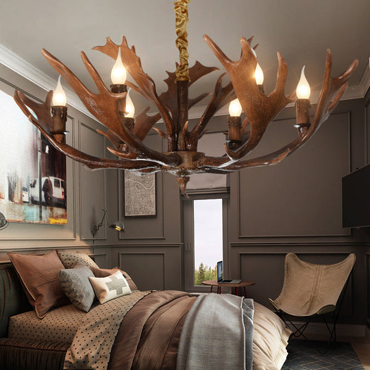 Traditional Resin Hanging Lamp: Candle-Shaped Bedroom Pendant Light with 6-Bulb Brown Chandelier and Antler Design