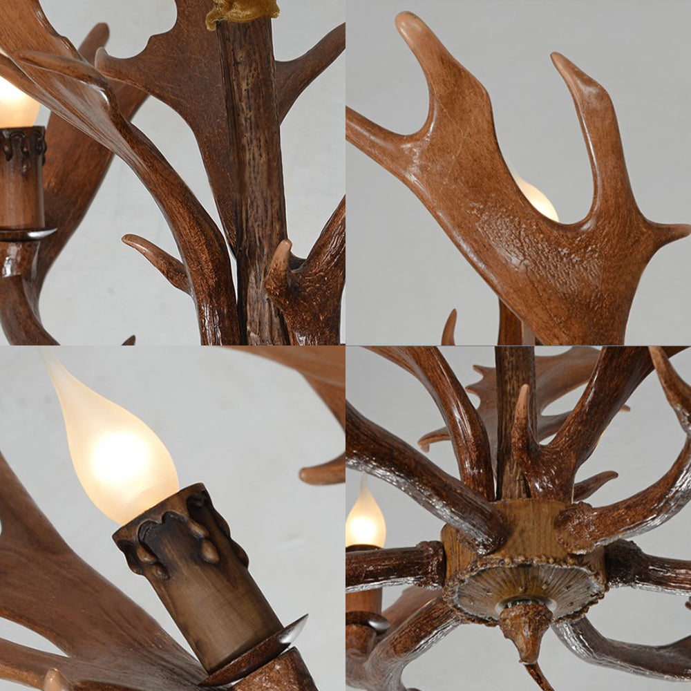 Traditional Resin Hanging Lamp: Candle-Shaped Bedroom Pendant Light with 6-Bulb Brown Chandelier and Antler Design