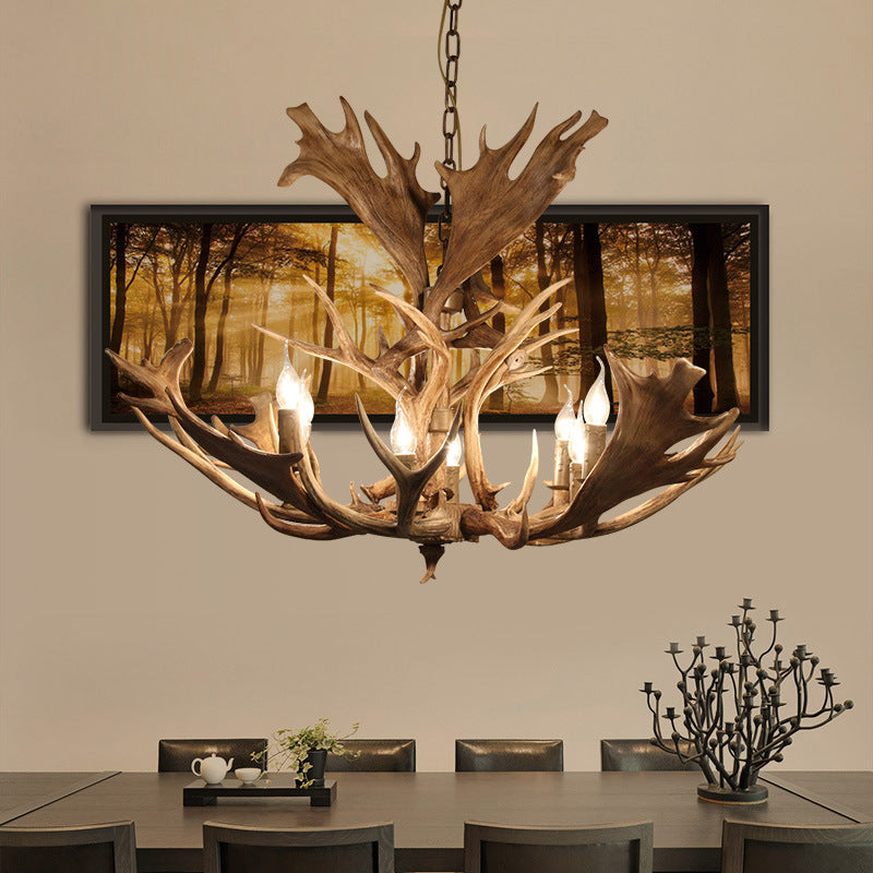 Rustic Resin Brown Hanging Chandelier Light Fixture - Candle-Style, 8 Bulbs, Dining Room Pendant
