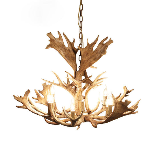 Rustic Resin Brown Hanging Chandelier Light Fixture - Candle-Style, 8 Bulbs, Dining Room Pendant