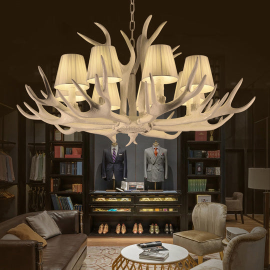 Rustic Style Resin Chandelier with 8 Heads, White Cone Shade and Antler Detail - Living Room Pendant Light