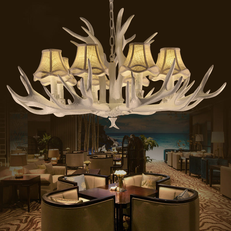 Rustic Style Resin Chandelier with 8 Heads, White Cone Shade and Antler Detail - Living Room Pendant Light