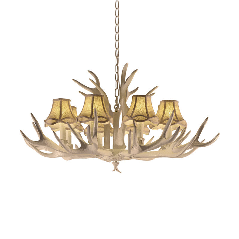 Rustic Style Resin Chandelier with 8 Heads, White Cone Shade and Antler Detail - Living Room Pendant Light