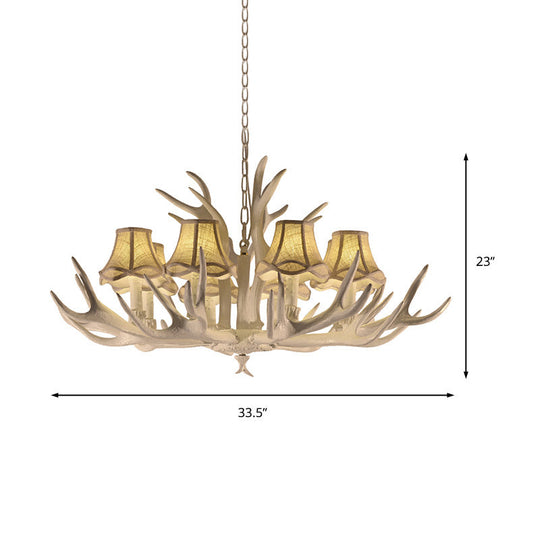 Rustic Style Resin Chandelier with 8 Heads, White Cone Shade and Antler Detail - Living Room Pendant Light
