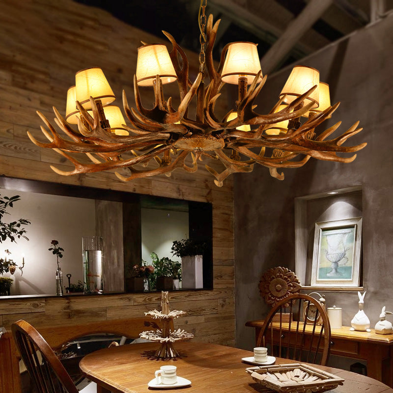 Traditional 10-Bulb Conical Resin Pendant Light Chandelier for Dining Room in Brown