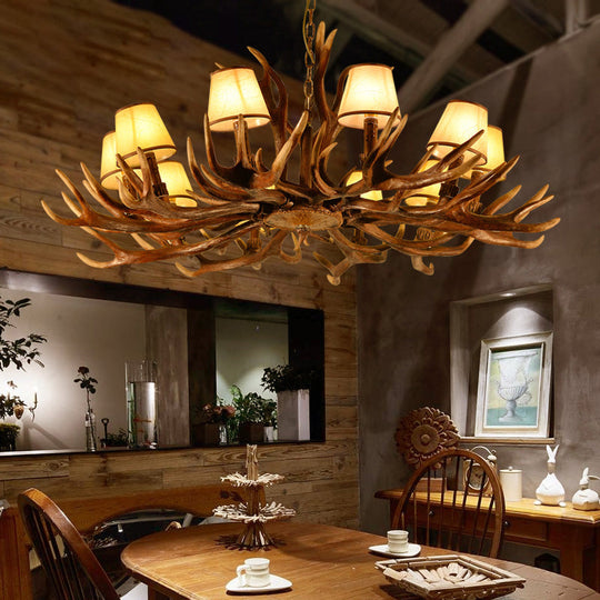 Traditional 10-Bulb Conical Resin Pendant Light Chandelier for Dining Room in Brown