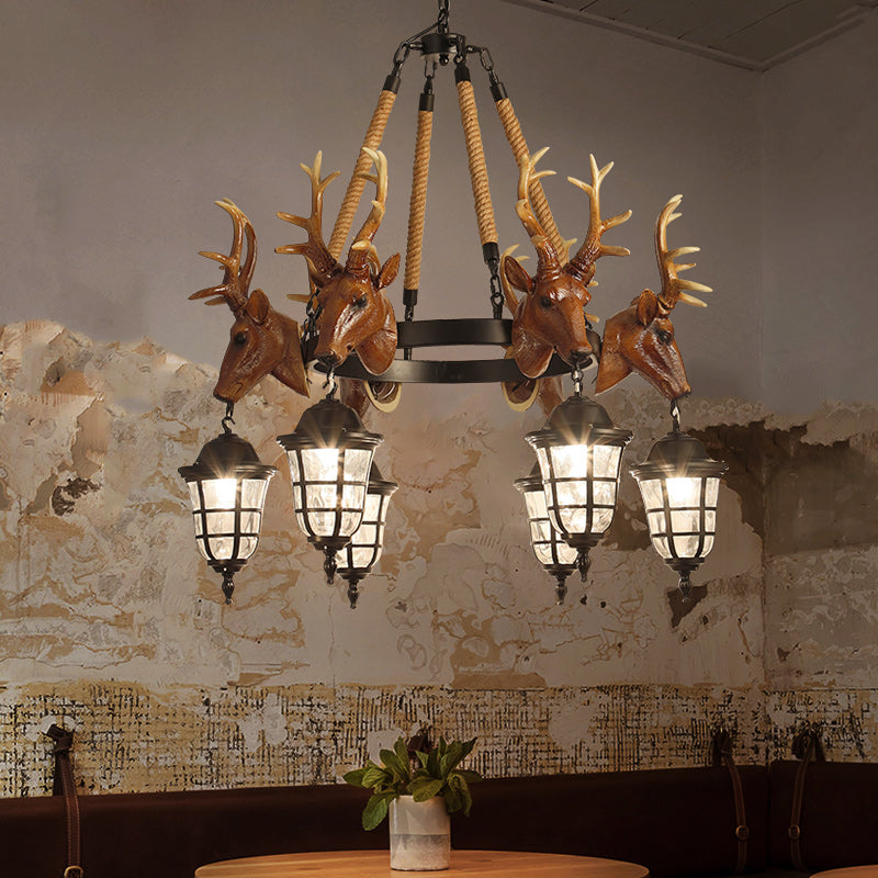 Rustic Wagon Wheel Deer Head Chandelier - 6 Bulb Resin Hanging Lamp in Brown