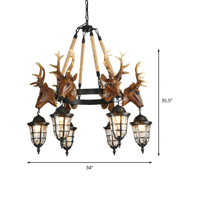 Rustic Wagon Wheel Deer Head Chandelier - 6 Bulb Resin Hanging Lamp in Brown
