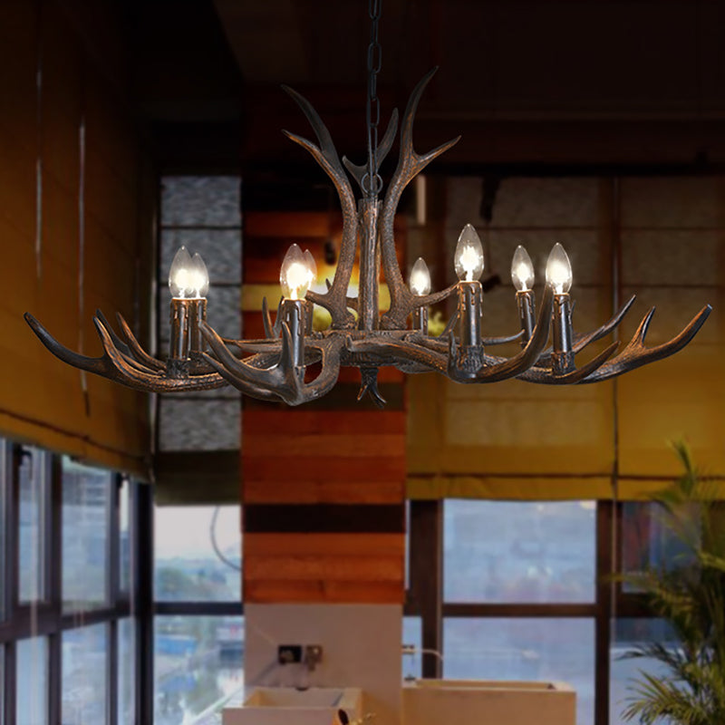 Candelabra Dining Room Hanging Lamp Traditional Resin 4/6/8 Bulbs Black Chandelier Pendant Light with Deer Antler