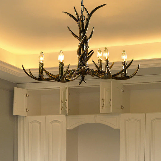 Rustic Chandelier Pendant with Resin Antler in Brass - 6/8/10-Light for Study Suspension